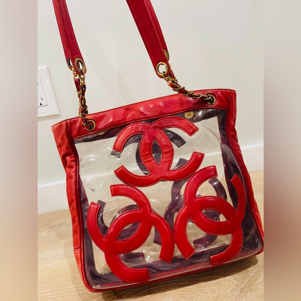 Authentic CHANEL triple coco Red and Clear vinyl lamb skin tote bag